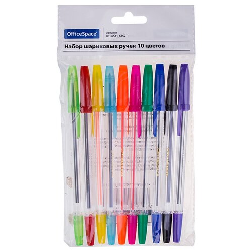 Ручки шариковые OfficeSpace 10 штук, 10 цветов, 1,0 мм, с европодвесом (BP10/511_6652)