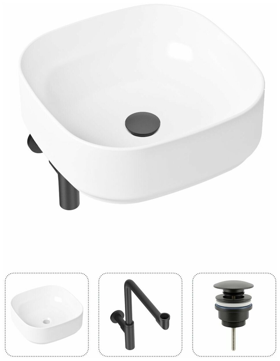 Накладная раковина в ванную Lavinia Boho Bathroom Sink Slim 21520264 в комплекте 3 в 1: умывальник белый, донный клапан и сифон в цвете матовый черный
