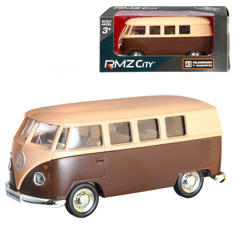 Машинка металлическая Uni-Fortune RMZ City серия 1:32 Автобус инерционный Volkswagen Type 2 (T1) Transporter, цвет матовый бежевый с коричневым, двери открываются