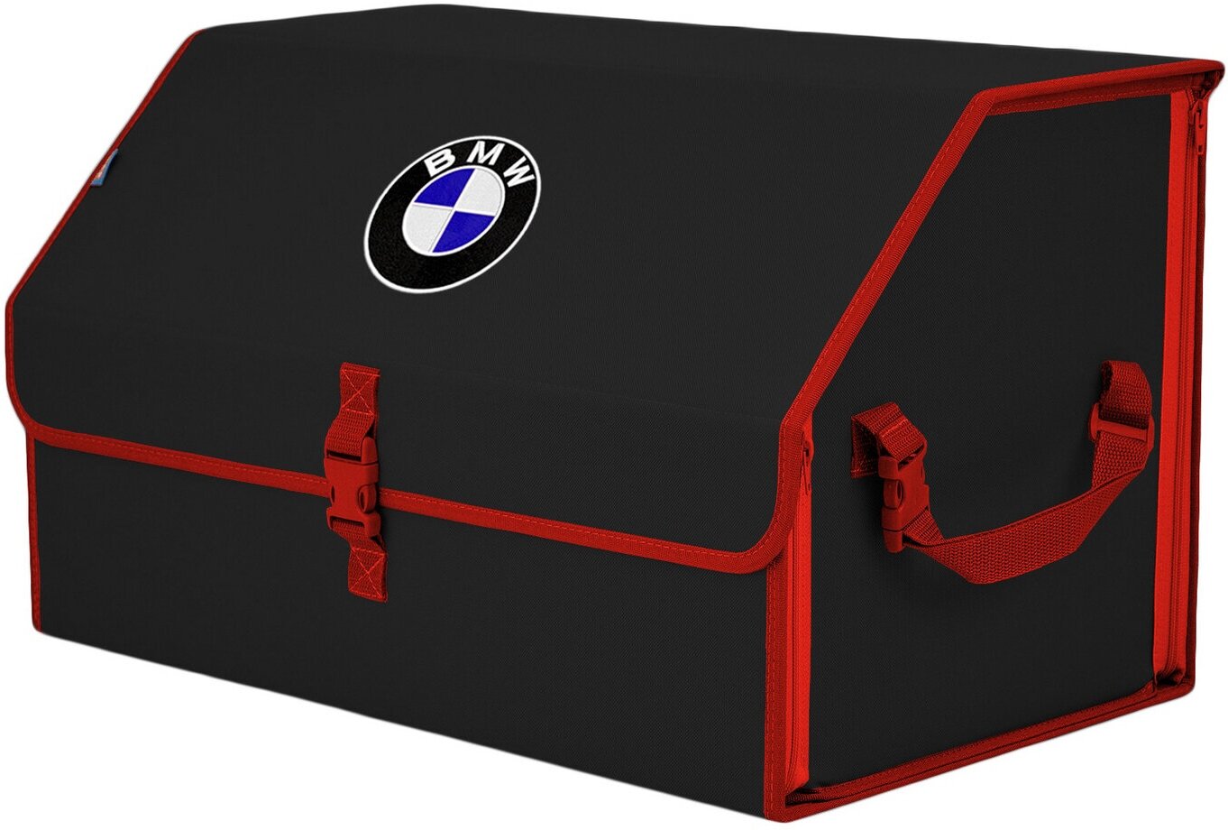 Органайзер-саквояж в багажник "Союз" (размер XL). Цвет: черный с красной окантовкой и вышивкой BMW (БМВ).