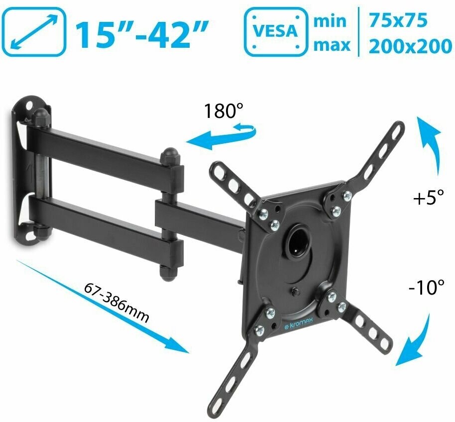 Кронштейн для телевизора Kromax DIX-14 черный 15"-42" макс.20кг настенный поворотно-выдвижной и наклонный