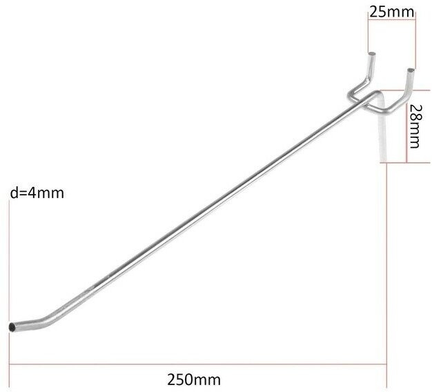 Крючок одинарный для металлической перфорированной панели L=25 d=4 шаг 25 10 штук