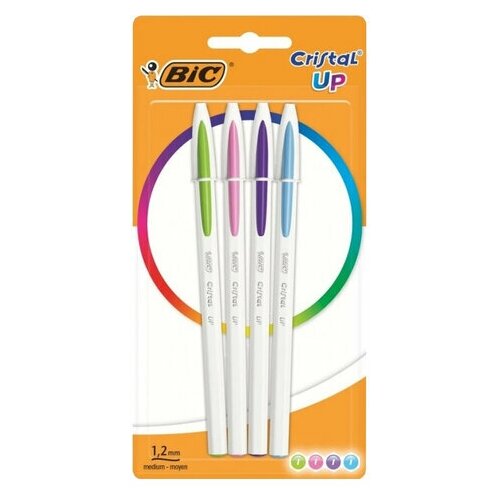 start up fun l розовый Ручки шариковые BIC Cristal Up Fun набор 4 цвета (салатовый розовый фиолетовый голубой) узел 1 мм линия 0 32 мм блистер, 5 шт