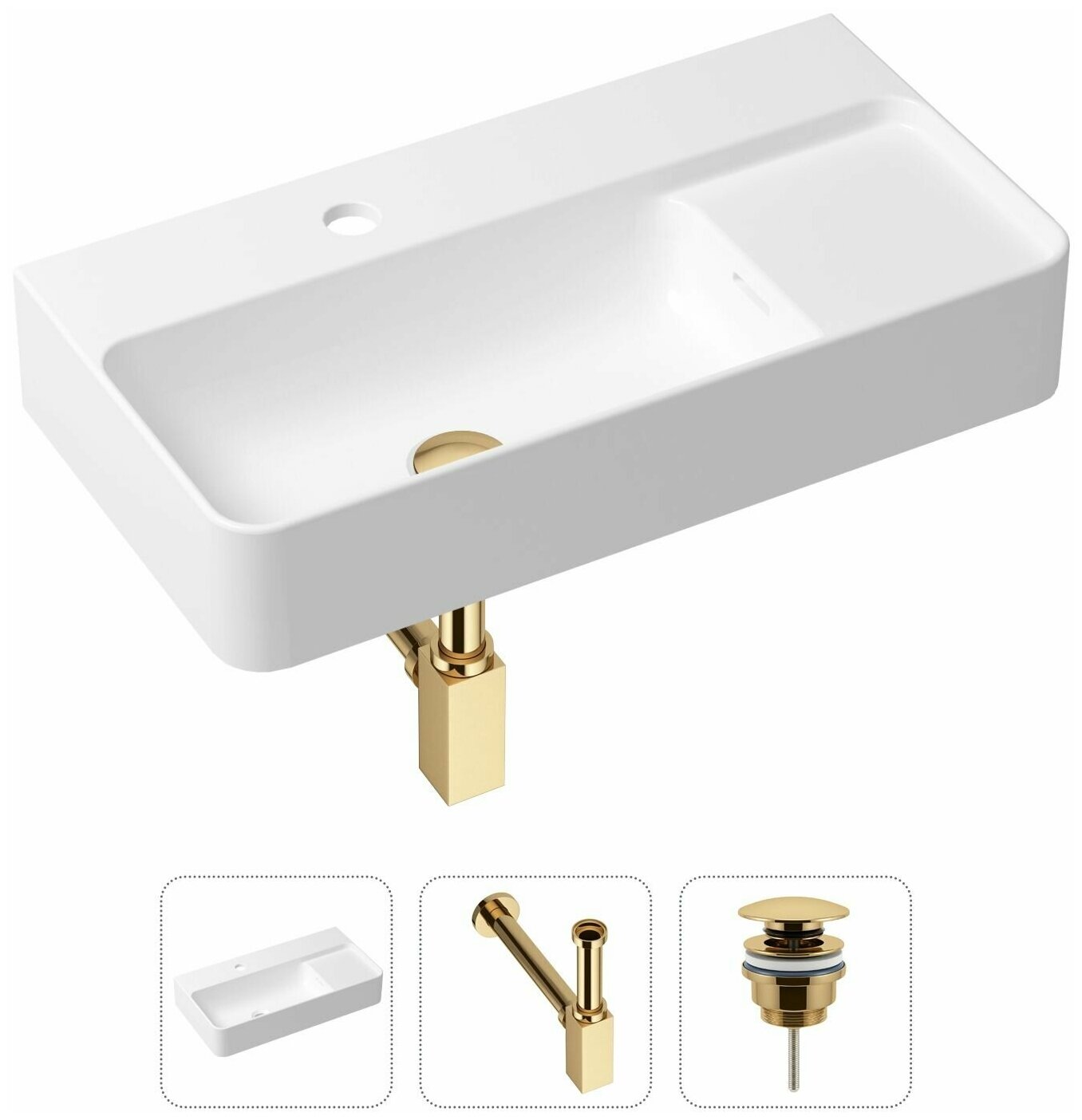 Накладная раковина в ванную Lavinia Boho Bathroom Sink Slim 21520507 в комплекте 3 в 1: умывальник белый, донный клапан и сифон в цвете золото