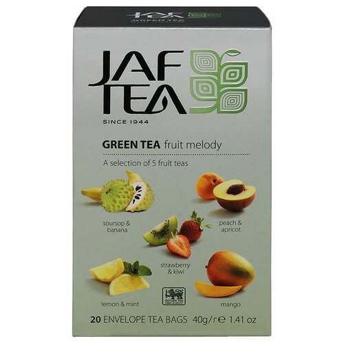 Чай зеленый Jaf Tea Silver collection Fruit Melody ассорти в пакетиках, саусеп, персик, банан, киви, шиповник, лимон, абрикос, манго, мята, апельсин, клубника, 20 пак.