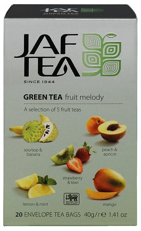 Чай зелёный JAF TEA Green Fruit Melody зеленый чай 20 пакетиков в конвертиках, Ассорти 5 видов - фотография № 1