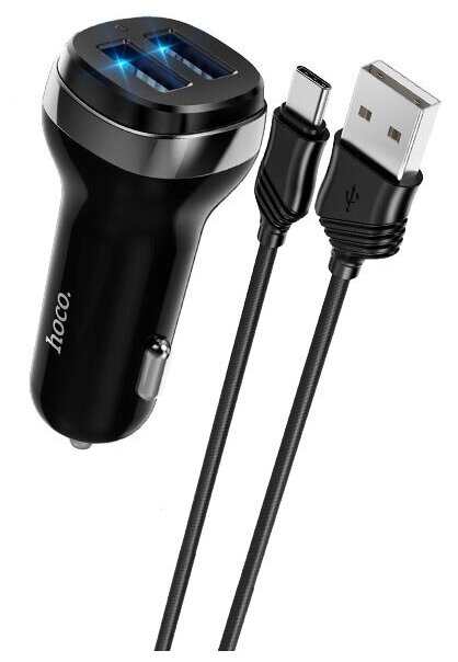 Автомобильное зарядное устройство (АЗУ) Hoco Z40 (2 USB) + кабель Type-C, 2.4 А, черный