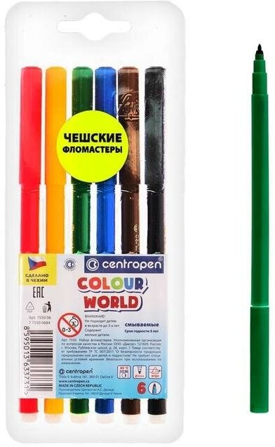 Centropen Фломастеры 6 цветов 2.0 мм Centropen 7550 ТП Colour World, блистер, смываемые, линия 1.0 мм