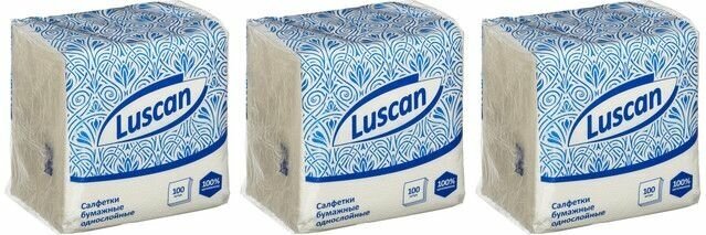 Luscan Салфетки бумажные 1 слой, 24х24 см, белые, 100 шт/уп, 3 уп