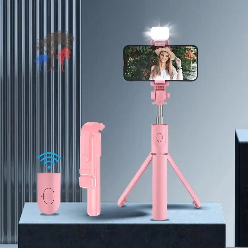 Вращающаяся на 360 селфи-палка со штативом, беспроводным пультом дистанционного управления и встроенной подсветкой для прямой трансляции и видеозаписи