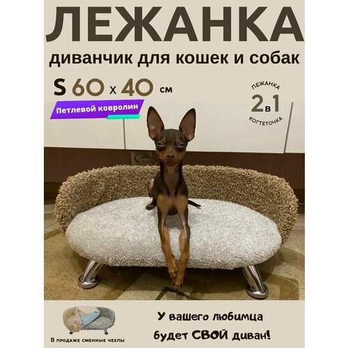 Лежанка для кошек и собак мелких и средних пород Chauzi "Лео" из петлевого ковролина на ножках с бортиком 60*40 см, Кэмел-белый