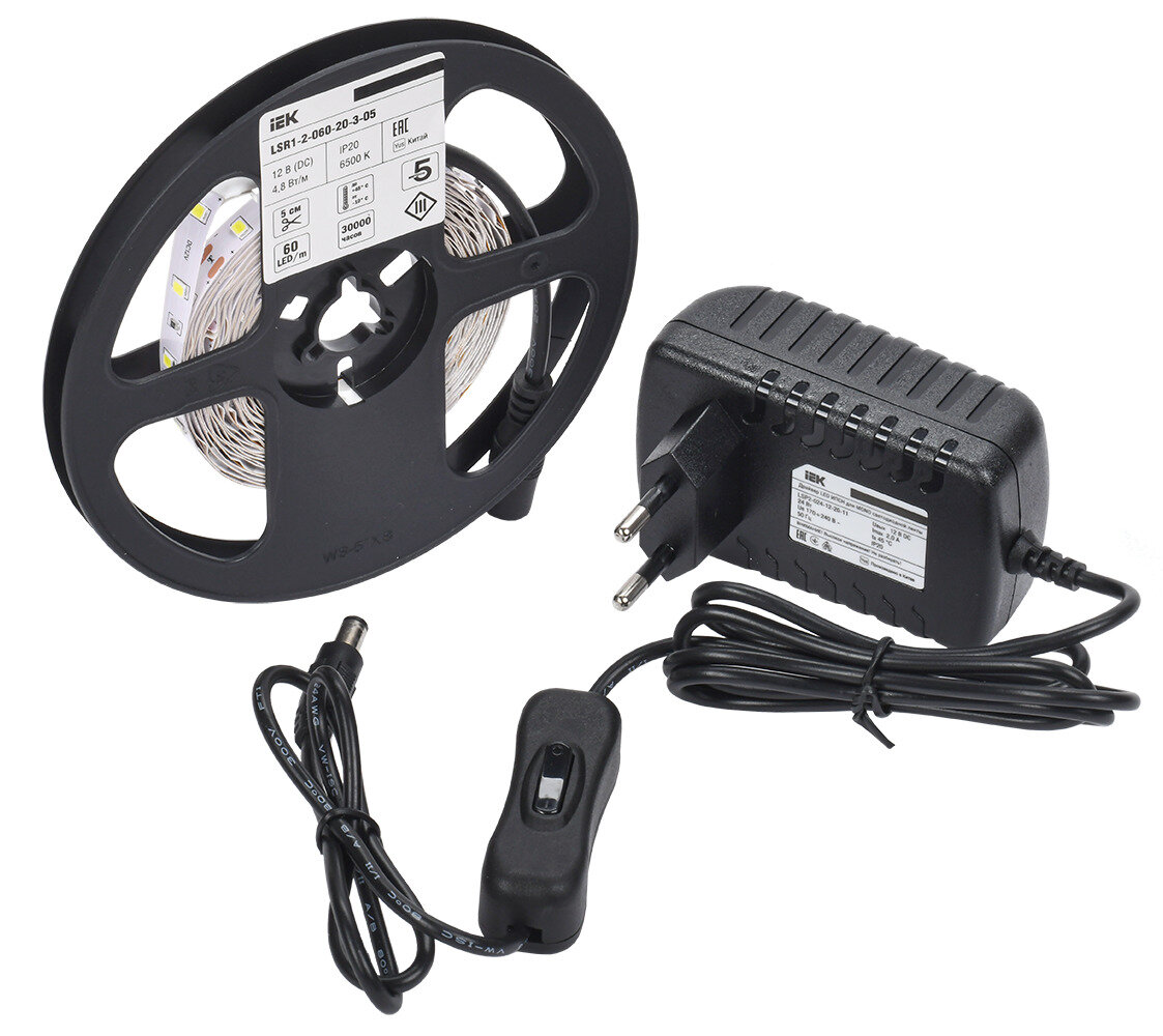 Светодиодная лента комплект IEK LSR-2835WW60-4,8-IP20-12В, теплый белый свет, 5м, самоклеящаяся основа