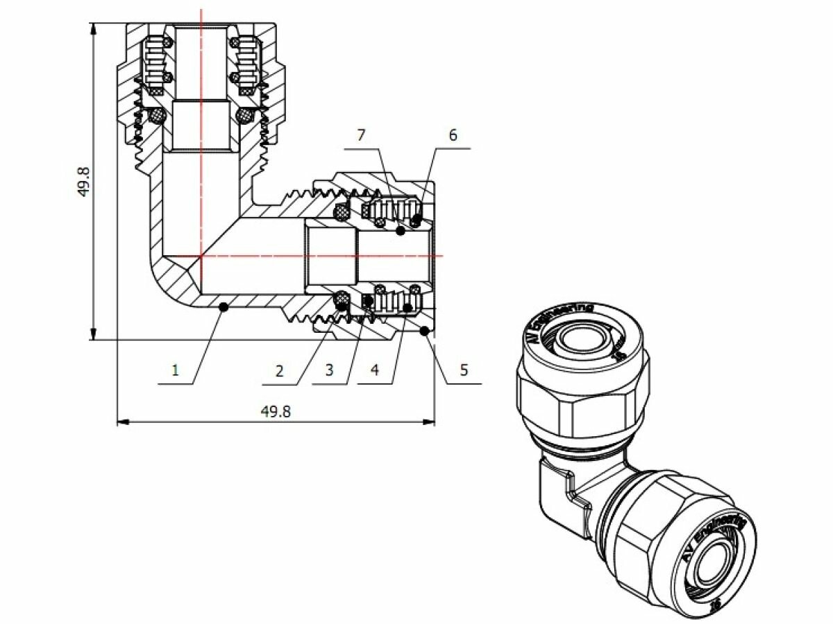 Угольник латунный AV Engineering 16x16 мм для труб PEX (AVE309009) — фото 1