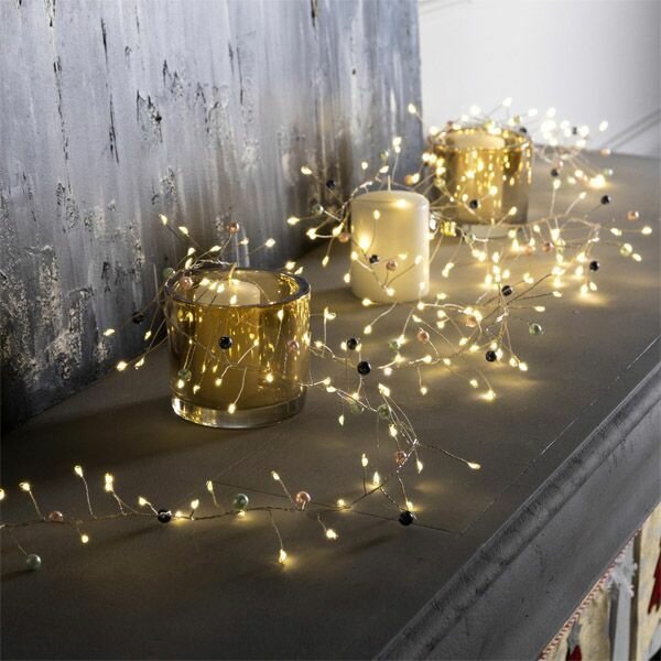 Гирлянда фигурная на батарейках «Мишура» Белый теплый с насадками «Перламутр» 200Led 3хАА 2.0 м серебристая нить IP20