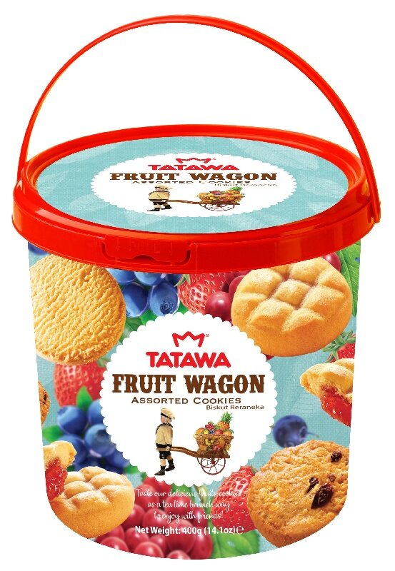 Печенье TATAWA сдобное, орехи, злаки, шоколадная крошка "Фруктовый вагон" (Fruit Wagon) ведерко /пластик/ 400г