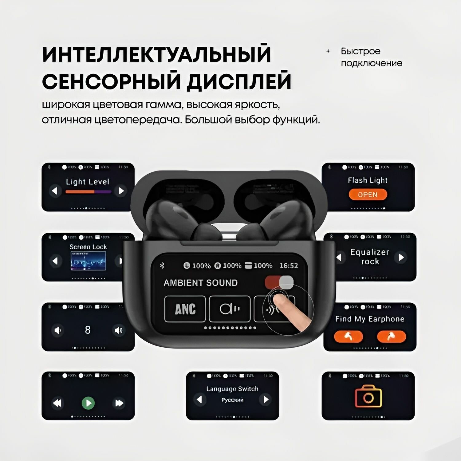 Наушники беспроводные с микрофоном Hoco EW72, шумоподавление ANC+ENC, сенсорный дисплей, чёрный — фото 1