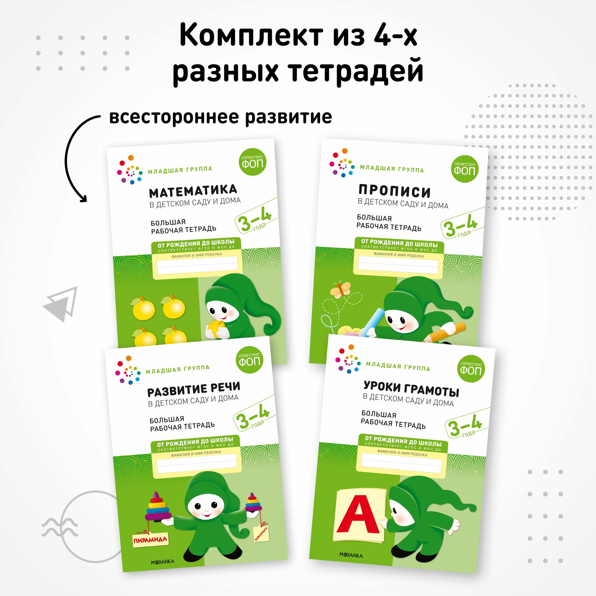 Набор рабочих тетрадей от рождения до школы для детей 3-4 года, ФОП, Набор из 4 книг(математика, прописи, речь, грамота) — фото 1