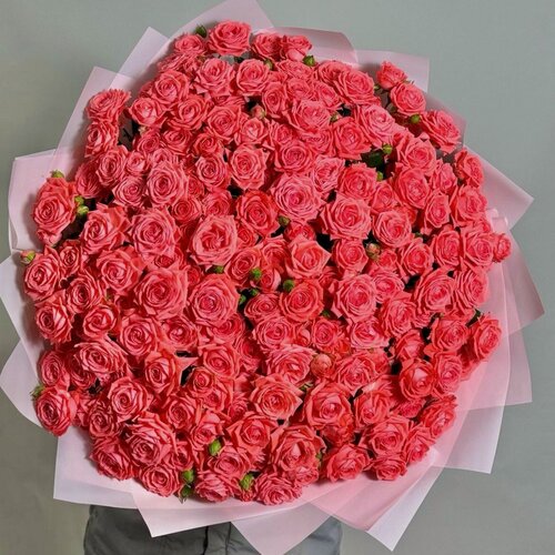 Изображение товара Яркий нежный букет из крупных кустовых нежно-оранжевых роз сорта Шарминг Бэби 31 шт.