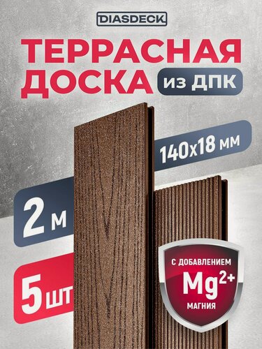 Изображение товара Террасная доска DIASDECK из ДПК 140х18мм длина 2,0 метра цвет шоколад, комплект 5 штук (минерал)