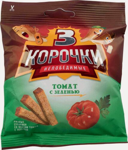 Изображение товара Сухарики 3 Корочки, со вкусом Томат-Зелень, ржаные, 60 штук по 40 г