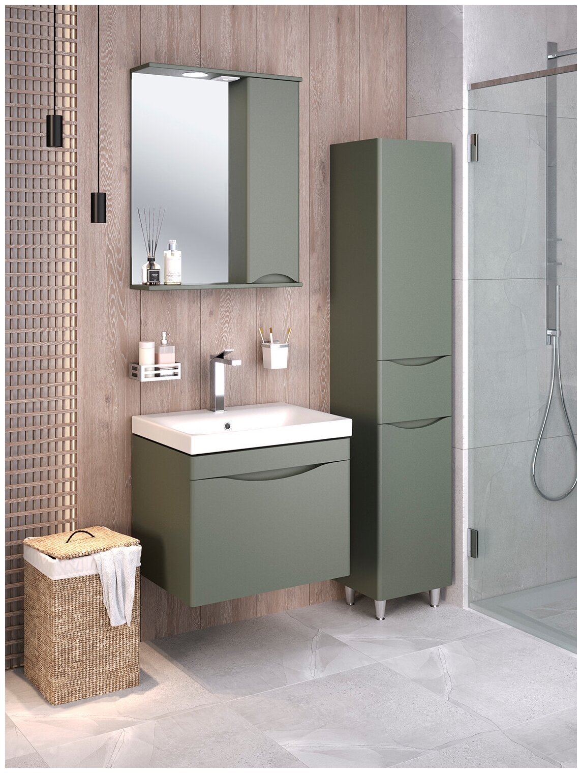 Зеркало шкаф для ванной / Runo / Афина 60 / эмаль / цемент /правый - фотография № 2