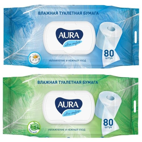 Бумага туалетная влажная AURA ULTRA COMFORT с крышкой 80шт/уп aura влажная туалетная бумага aura ultra comfort с крышкой 50шт