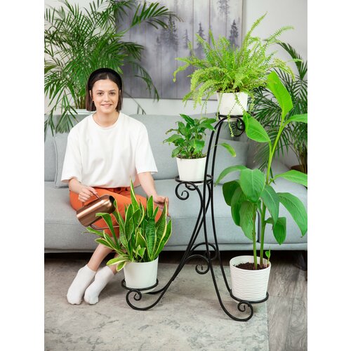 Подставка для цветов напольная для четырех цветов, стеллаж металлический для растений, кованый прованс Черный