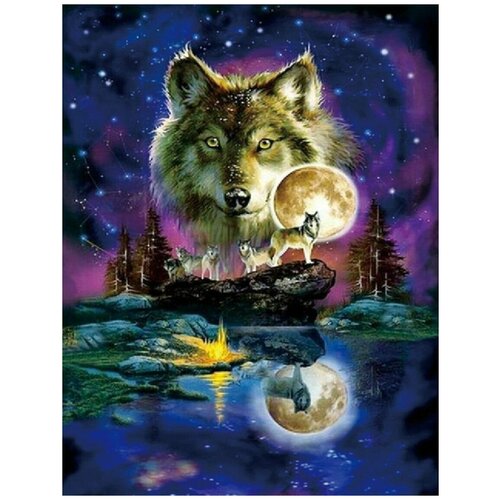 Алмазная мозаика на подрамнике 30х40 Волки на фоне звездного неба, реки и луны