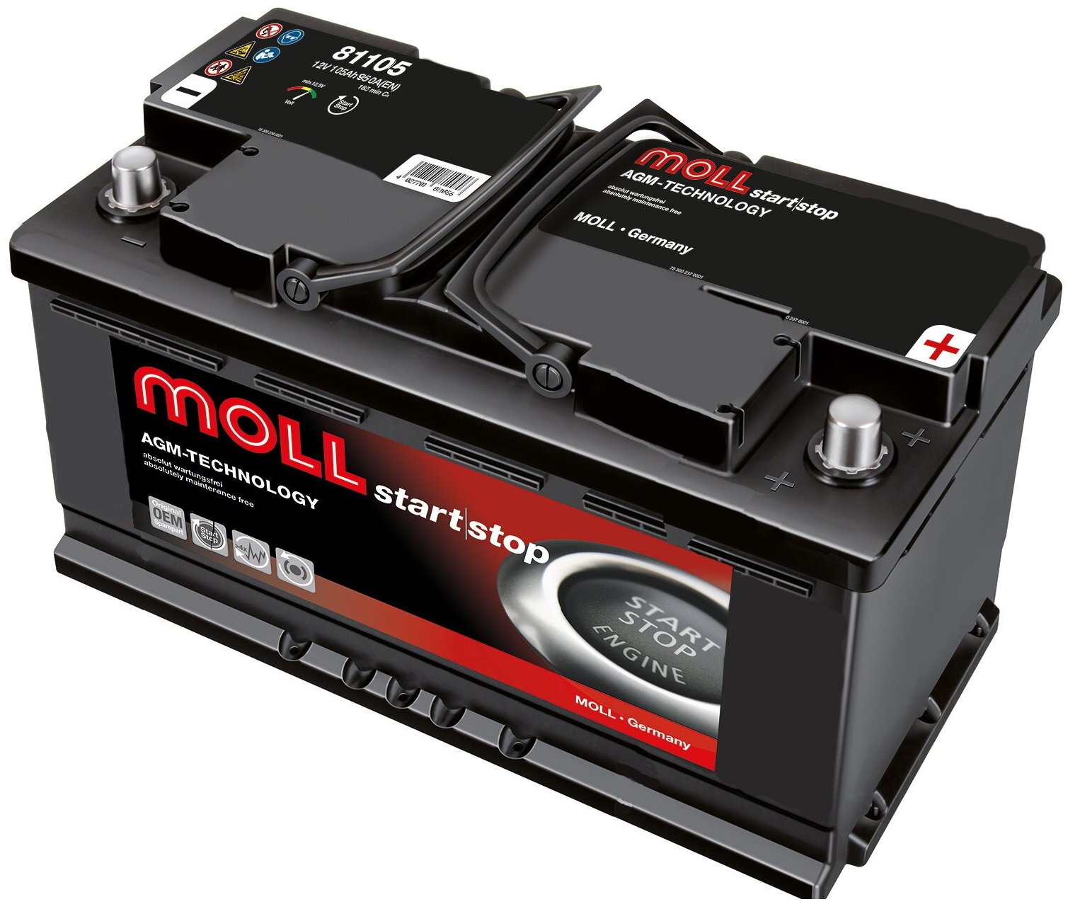 Автомобильный аккумулятор Moll AGM 105R Start-Stop 900A L6 (393x175x190)