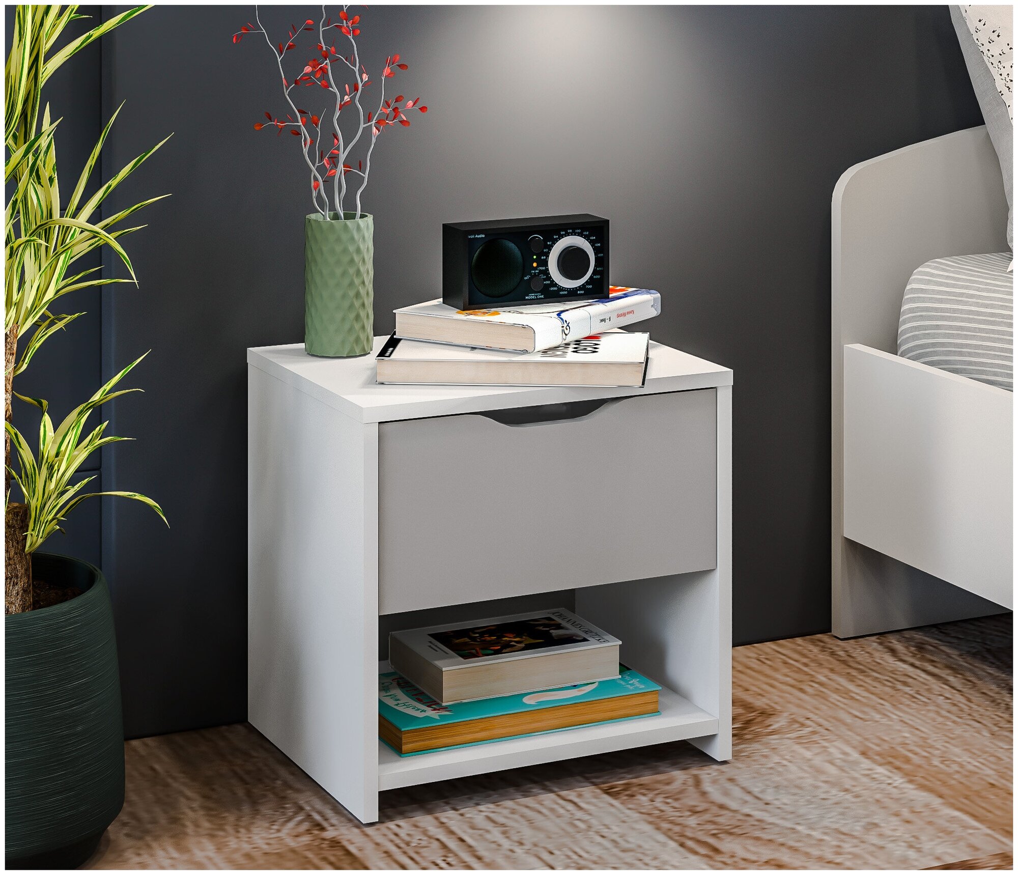 фото Прикроватная тумба столплит Mika СБ-3284 напольная с 1 выдвижным ящиком в гостиную, в спальню, в прихожую, в детскую, Белый/Серый 43х42х35 см