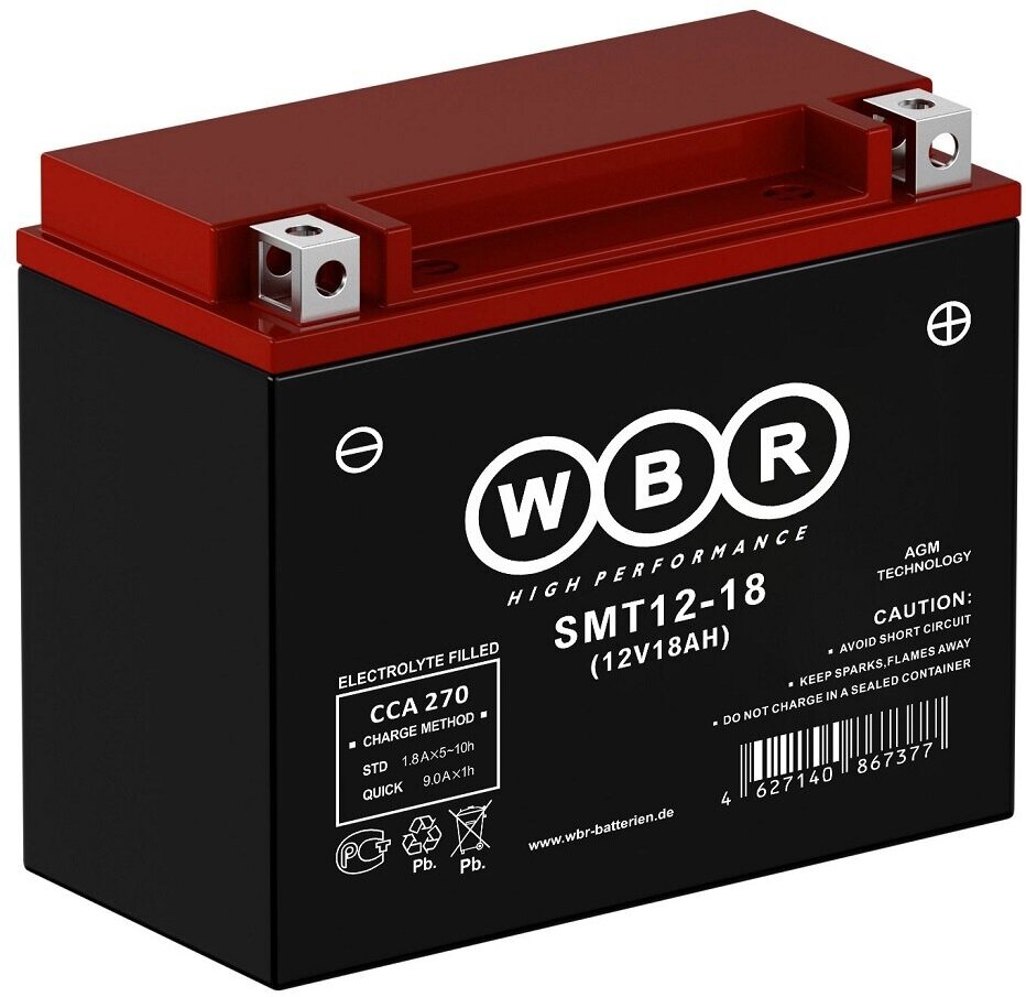 Мото аккумулятор стартерный WBR SMT12-18 12В 18Ач (12V 18Ah) YTX20L-BS, YTX20HL-BS 270A, AGM для мотоцикла, скутера, гидроцикла, квадроцикла, мопеда