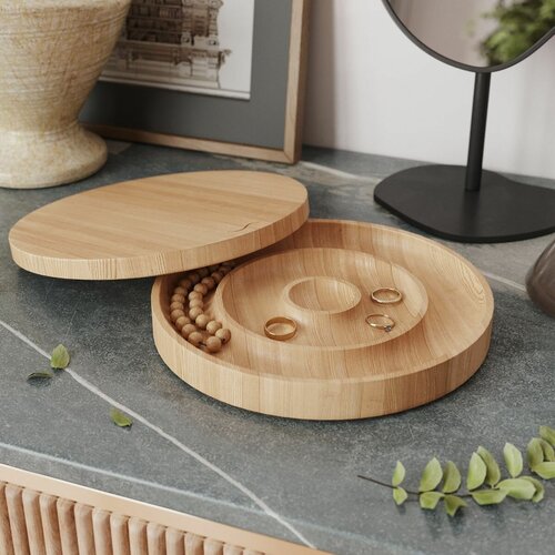 Декоративная шкатулка для украшений и мелочей Eva одноярусная 3 отделения 20х20х25 см с крышкой натуральный бук 4600₽