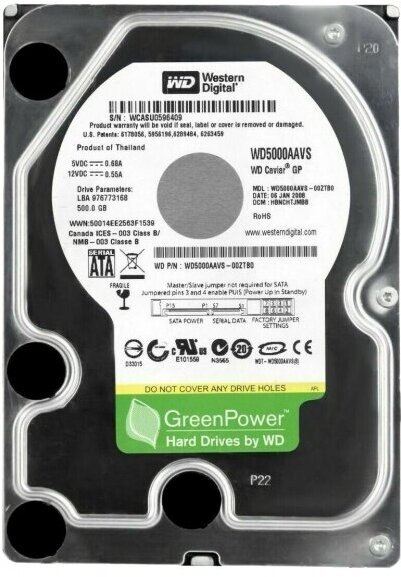 Жесткий Диск Western Digital WD5000AAVS 500Gb SATAII 3,5" HDD