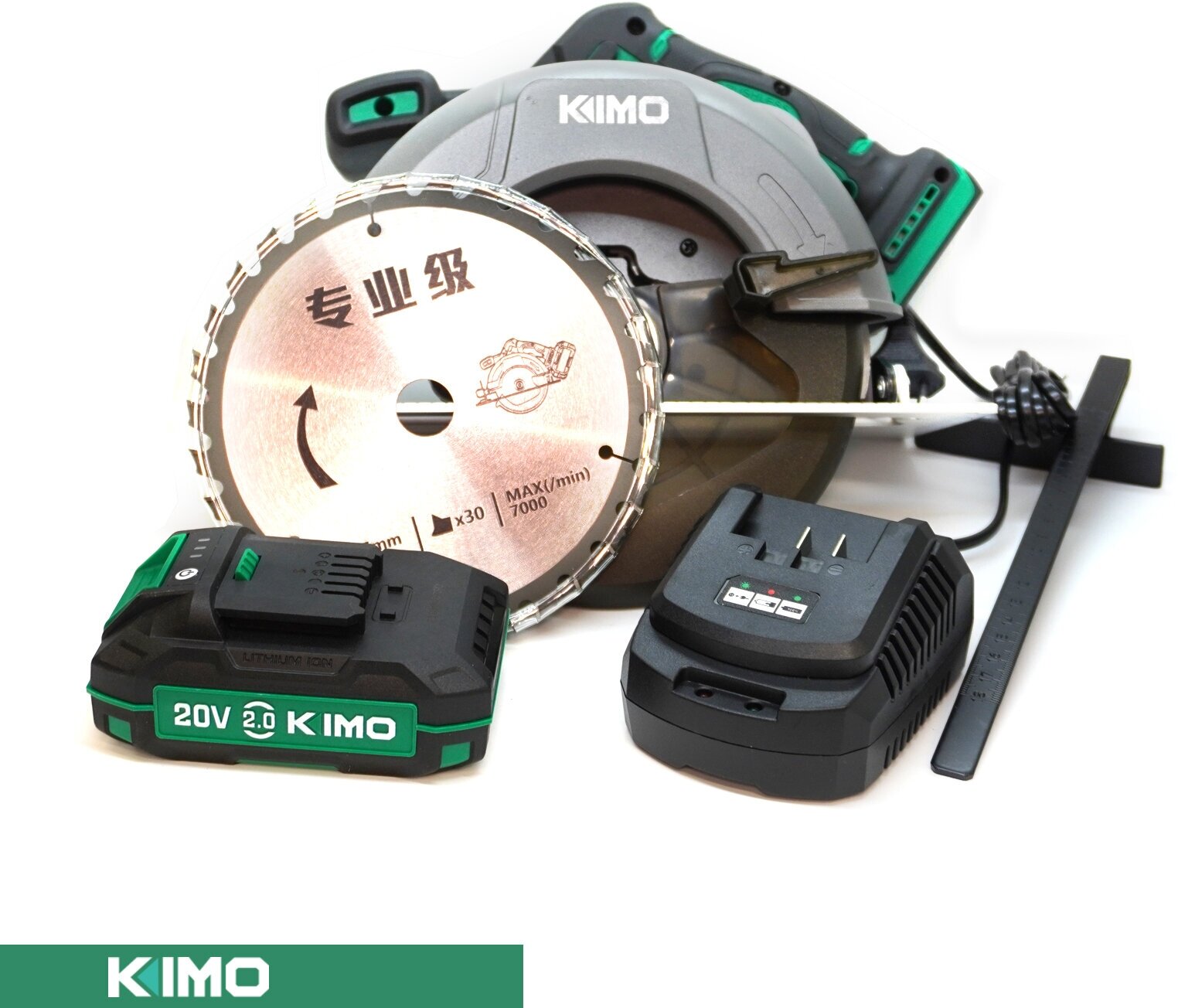 Циркулярная дисковая пила аккумуляторная KIMO, диск 165мм, бесщеточный двигатель 5500 об/мин,1 Li Ion АКБ 1Ач + ЗУ
