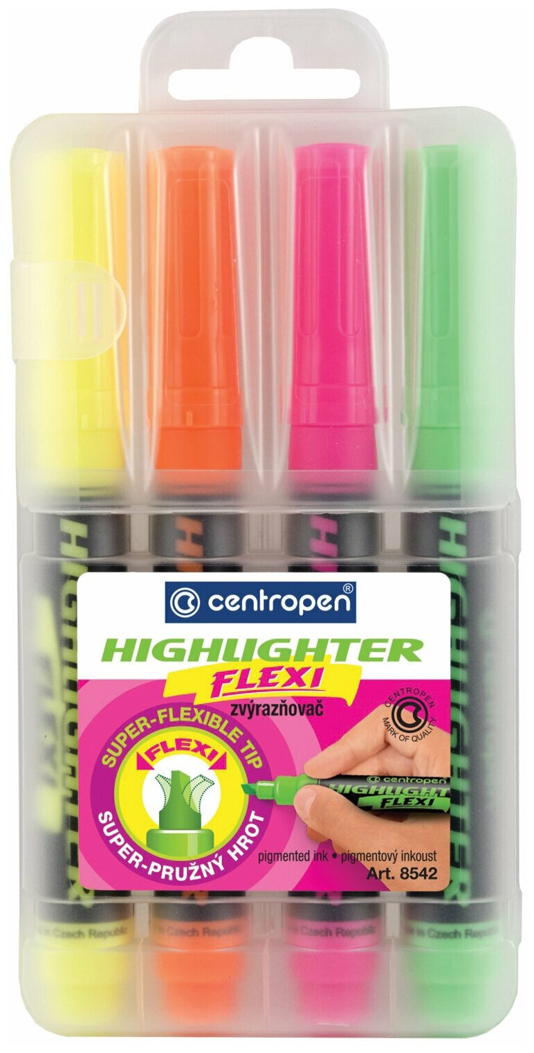 Текстовыделители CENTROPEN "Flexi" набор 4 цвета, гибкий наконечник, 1-5 мм, 8542/4, 4 8542 0401 - фото №1