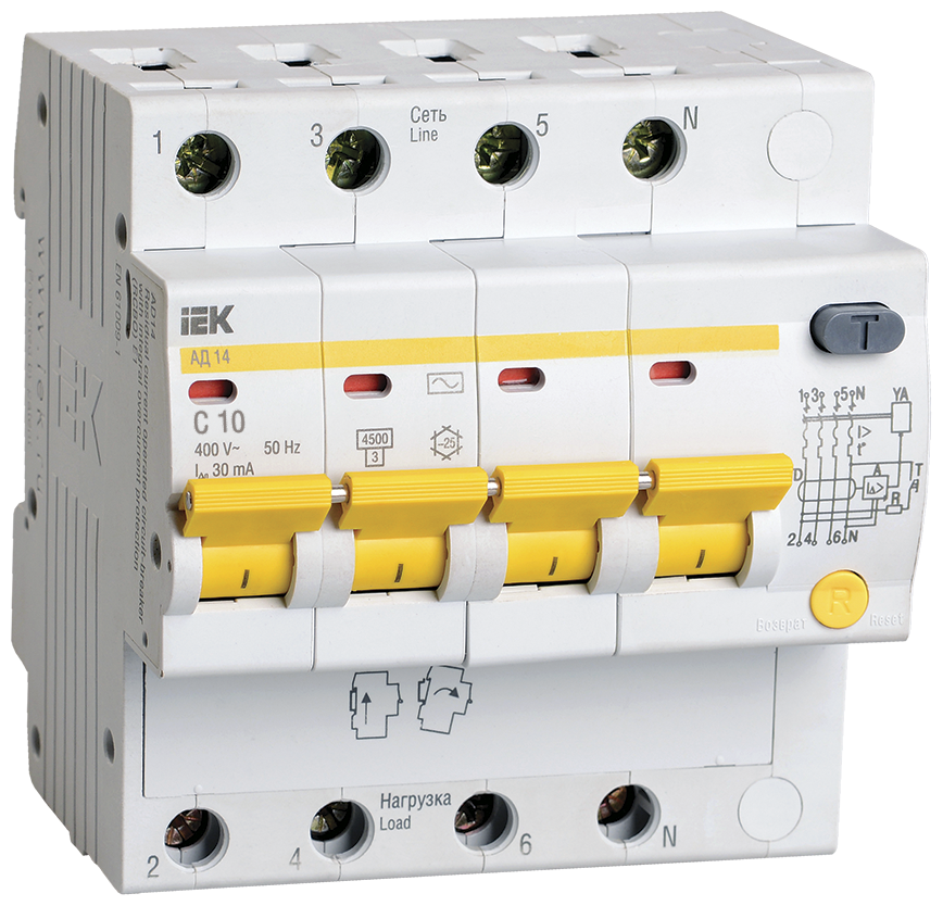 Дифференциальный автомат IEK 4п C 10А 30мА тип AC 4.5кА АД-14, MAD10-4-010-C-030
