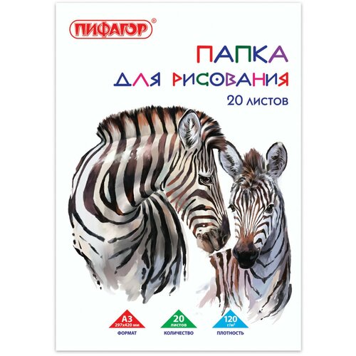 Папка для рисования А3 Пифагор Зебры 20 листов, 120 г/м2 129218 плотность: 120 г/м2, УТ000055881