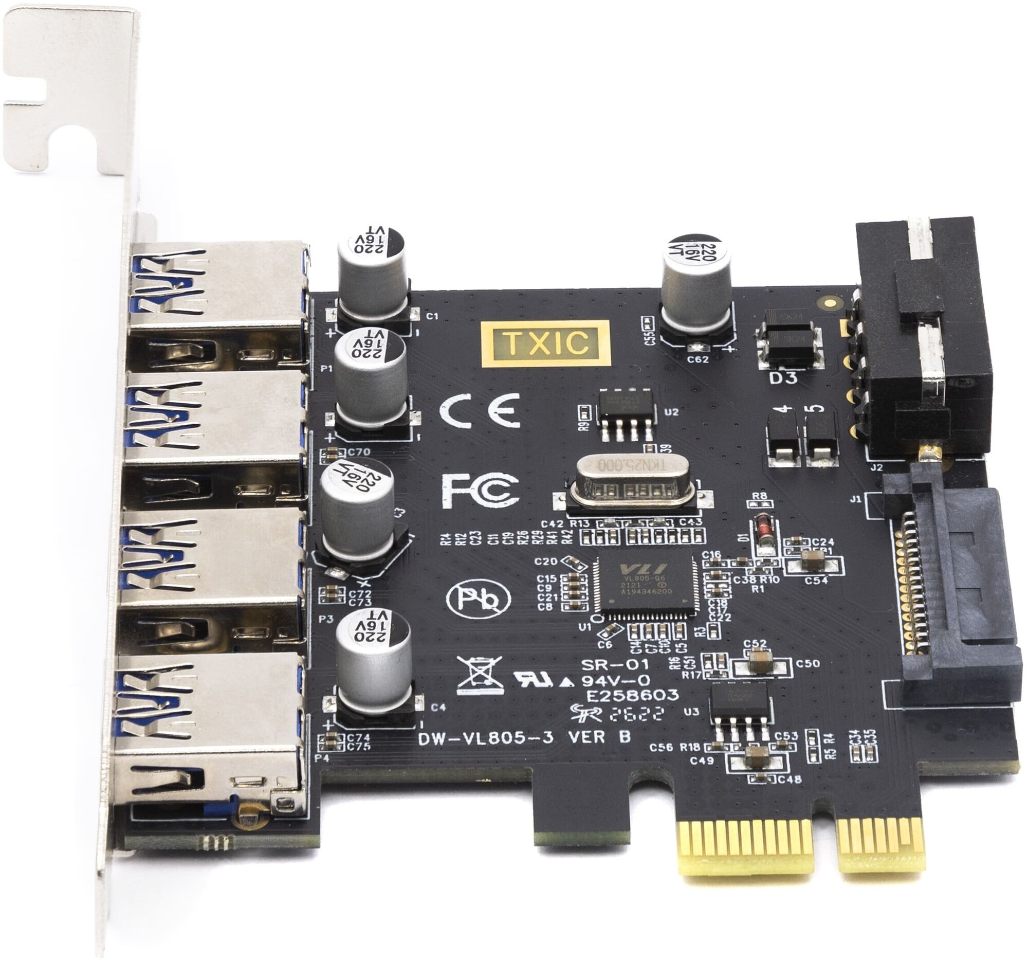 Контроллер GSMIN DP76 PCI-E на USB 3.0 x 4 c SATA 15-Pin (Черный)