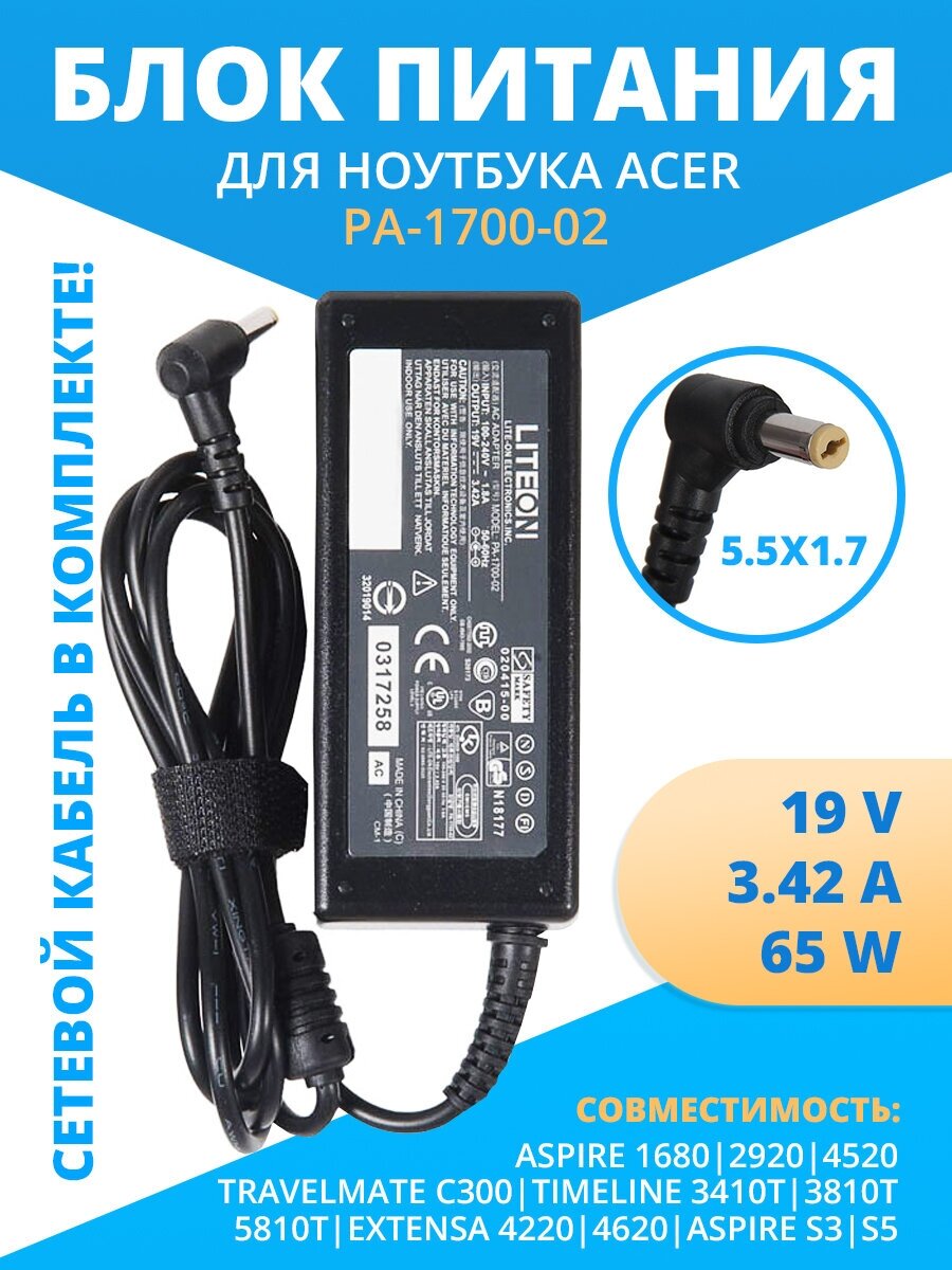 Блок питания ZeepDeep для Acer 19V 3.42A, 65W, 5.5x1.7