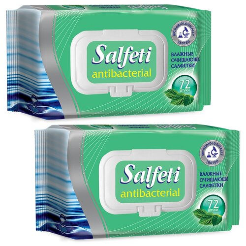 влажные салфетки salfeti антибактериальные с клапаном 2880 шт 40 упаковок по 72 шт Salfeti Влажные салфетки антибактериальные с клапаном, 72 шт., 2 уп.