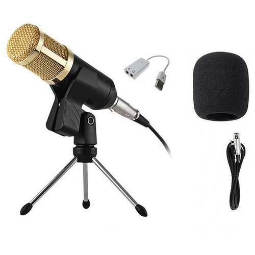 Микрофон конденсаторный с ветрозащитой, кабелем и переходником Type-C для подключения к телефону на настольной треноге с держателем прищепкой