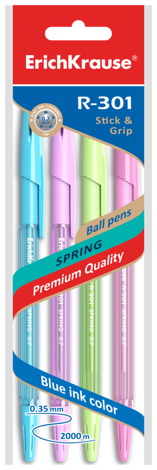Набор ручек шариковых ERICH KRAUSE R-301 Stick&Grip Spring 0,7мм синий Арт. 42750, 4шт