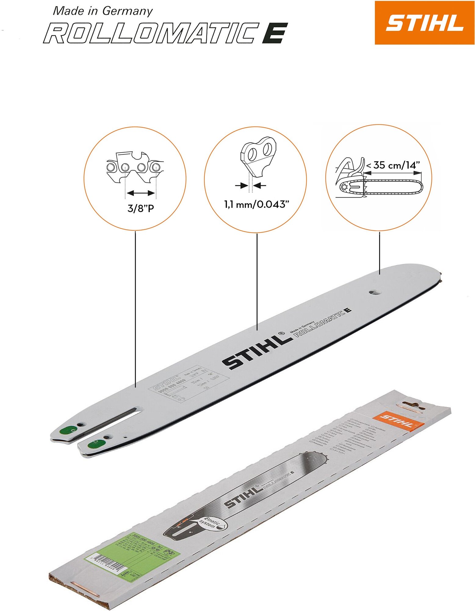 Шина для садовых пил Stihl R 35см/14" 1,1мм/0,043" 3/8"P 3005-003-3909 - фото №3