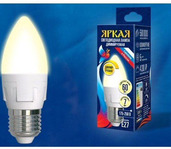 Светодиодная лампа Uniel LED-C37 7W/3000K/E27/FR/DIM PLP01WH диммируемая. Форма «свеча», матовая. Серия Яркая. Теплый белый свет (3000K). Картон. ТМ .