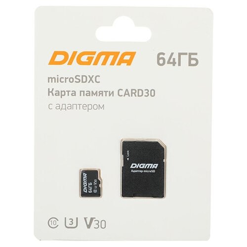 Карта памяти Digma microSDXC CARD30 64Gb Class10 +adapter (DGFCA064A03) карта памяти digma microsdxc 64gb class10 card30 dgfca064a03