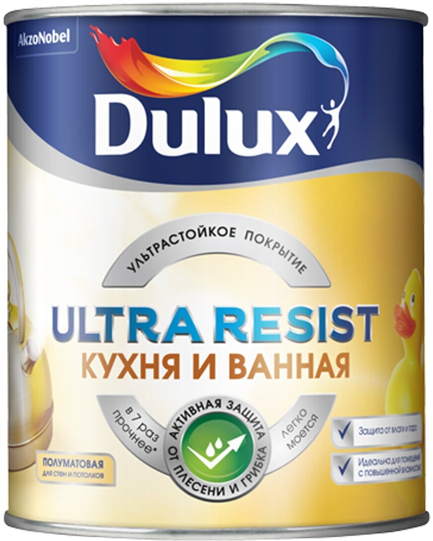 Краска для кухни и ванной латексная Dulux Ultra Resist полуматовая база BW 1 л.