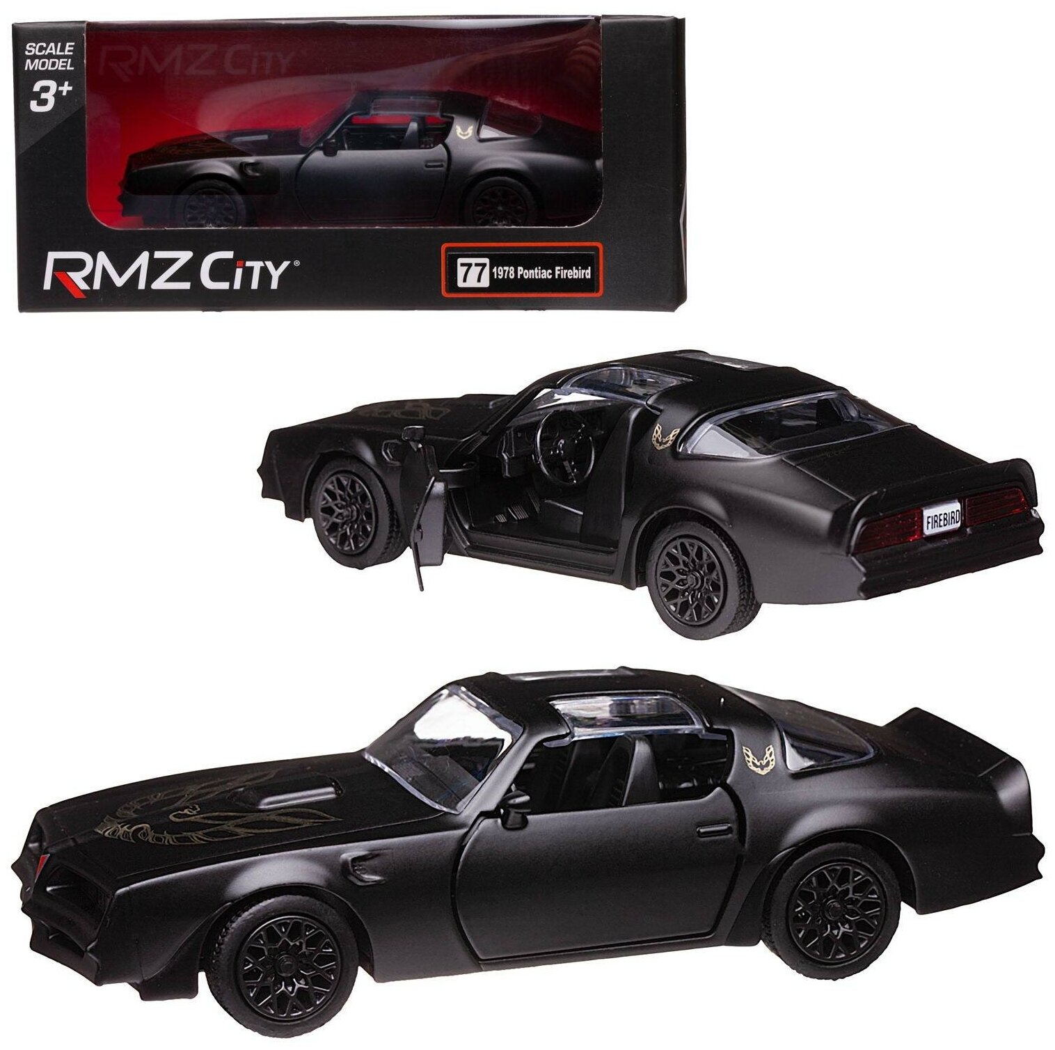 Машина металлическая RMZ City серия 1:32 Pontiac Firebird 1978, инерционная, черный матовый цвет, двери открываются 554056M