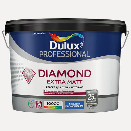 Изображение товара Краска DULUX DIAMOND EXTRA MATT для стен и потолков износостойкая, глубокоматовая, бесцветная, BC 9л