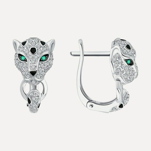 Изображение товара Серьги, белое золото, 585 проба, эмаль, изумруд, бриллиант