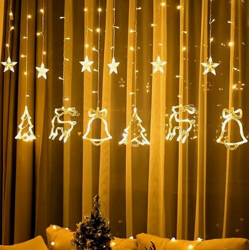 Изображение товара Гирлянда-штора, занавес "Звёзды микс", 3x1м, тёплый свет, звёзды, елочка, олени